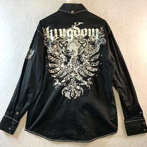 Atti Men Button Shirt Sz L Y2K Biker Graphic Print‎ Studded Contrast Trim Baddie